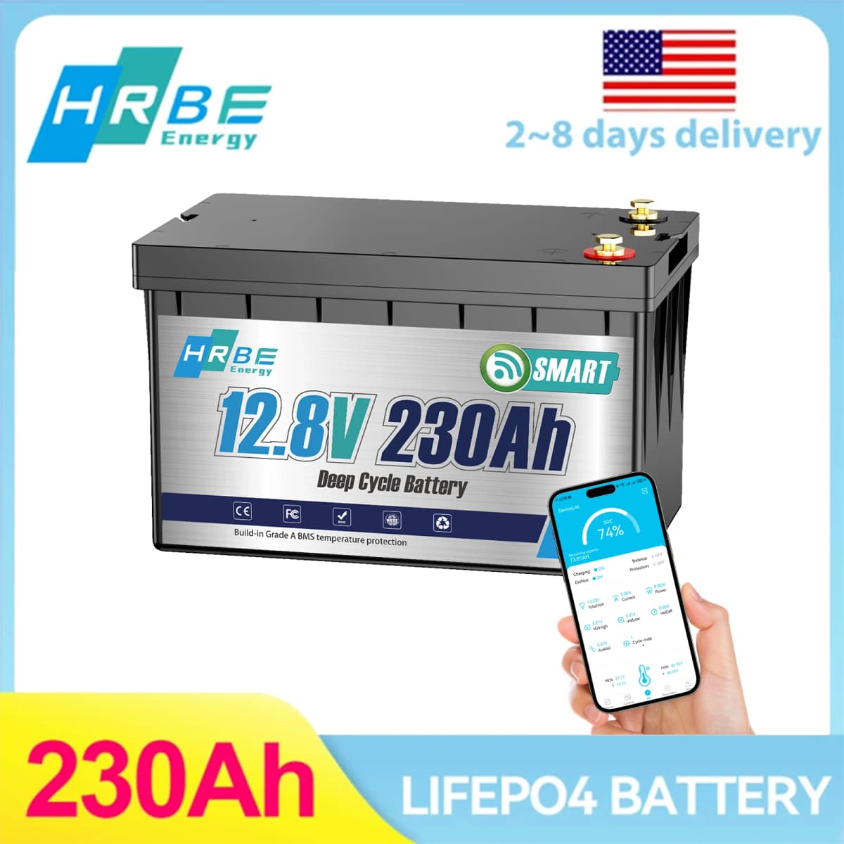 12V 230Ah LiFePO4 Battery 2944Wh, 200A Smart BMS, Bluetooth Monitor, 8000+ Deep Cycles, Ultra Reliable, Low-Temp Protection for RV Travel Trailer Solar Camper Marine Off-Grid