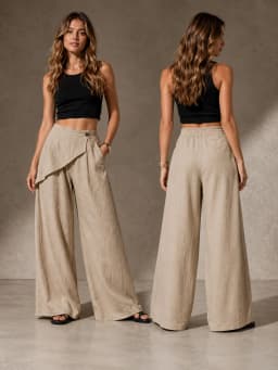 Women Wrap Front Linen Wide Leg Pants, High Waist Elastic Back Waist Culottes with Pockets, Casual Loose Fit Trousers for Summer Beach Daily Streetwear