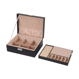 2‑Tier Jewelry Organizer Box with Lock & Key, Black Velvet Interior Jewelry Storage Case, Portable Tabletop Jewelry Holder for Rings, Earrings, Necklaces, Bracelets, Watches