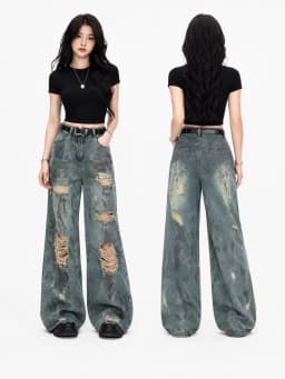Y2K Distressed Ripped Wide Leg Jeans for Women, High Waist Tie‑Dye Camouflage Denim Pants, Loose Baggy Destroyed Denim Trousers Streetwear Club Daily Outfit