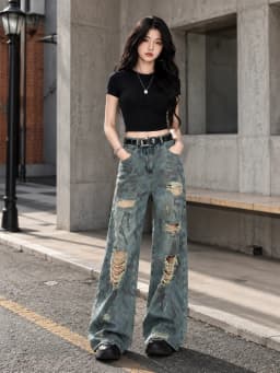 Y2K Distressed Ripped Wide Leg Jeans for Women, High Waist Tie‑Dye Camouflage Denim Pants, Loose Baggy Destroyed Denim Trousers Streetwear Club Daily Outfit