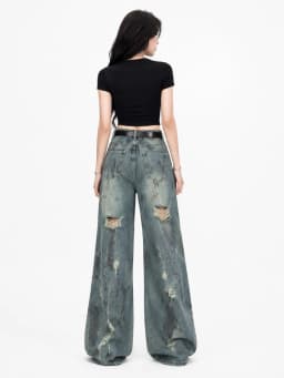 Y2K Distressed Ripped Wide Leg Jeans for Women, High Waist Tie‑Dye Camouflage Denim Pants, Loose Baggy Destroyed Denim Trousers Streetwear Club Daily Outfit