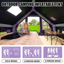 SENLEETO 67.8 SqFt Inflatable Camping Tent for 2-3 Person with Stove Jack,Black Coating Easy Setup Blow Up Tent with Skylight AC Vent Mesh Window