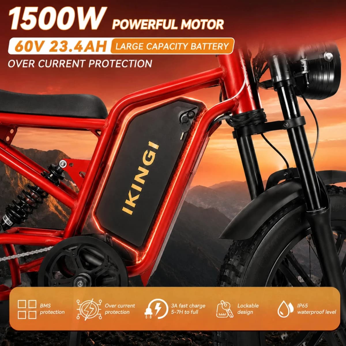 1500W Electric Bike for Adults, 60V 23.4Ah Battery 48MPH Fast Speed, 20" Fat Tire Off-Road E-Bike, Full Suspension, Dual Disc Brakes, 7-Speed, LCD Display, Turn Signals, Urban Commuter Electric Bicycle