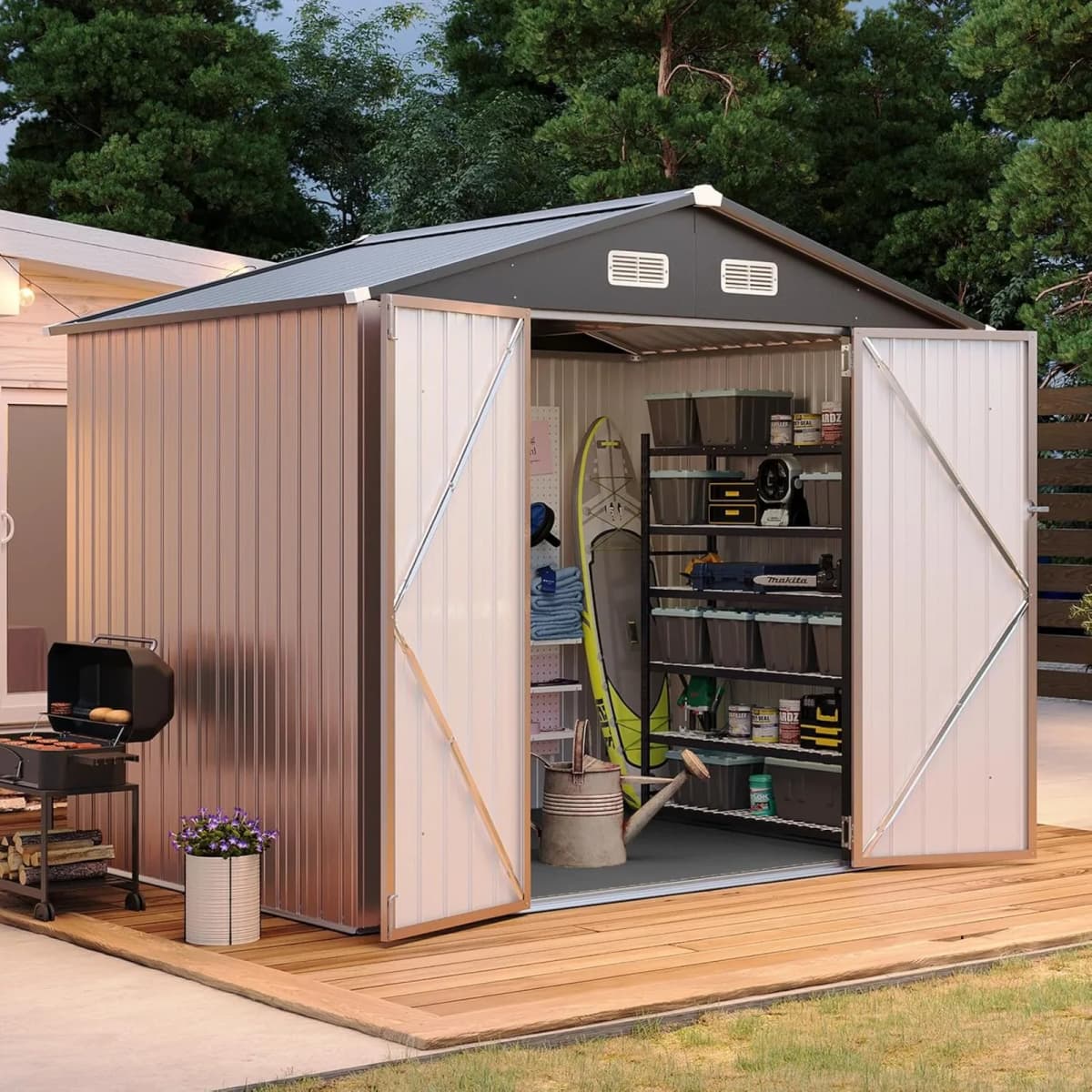 Shed with Floor Galvanized Steel Outdoor Storage Shed Brown | Metal Garden Shed with Double Doors, Moisture-Proof Floor & Ventilation, Sloped Roof for Garden, Patio, Backyard