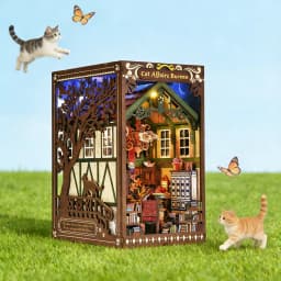 Book Nook Kit Kitty Cat 3D Puzzle Wooden DIY Home Decoration For Bookshelf Miniature Insert Magic Book House Stand Bookshelf