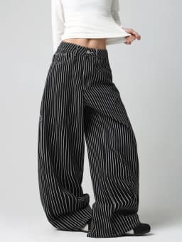 American High-Street Double Koi Embroidery Black And White Striped Loose Jeans Y2K Trendy Street Fashion Casual Versatile High-Waist Wide-Leg Pants