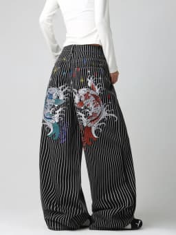 American High-Street Double Koi Embroidery Black And White Striped Loose Jeans Y2K Trendy Street Fashion Casual Versatile High-Waist Wide-Leg Pants