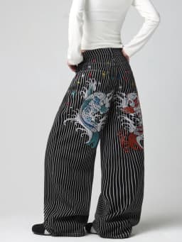 American High-Street Double Koi Embroidery Black And White Striped Loose Jeans Y2K Trendy Street Fashion Casual Versatile High-Waist Wide-Leg Pants