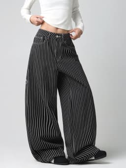 American High-Street Double Koi Embroidery Black And White Striped Loose Jeans Y2K Trendy Street Fashion Casual Versatile High-Waist Wide-Leg Pants