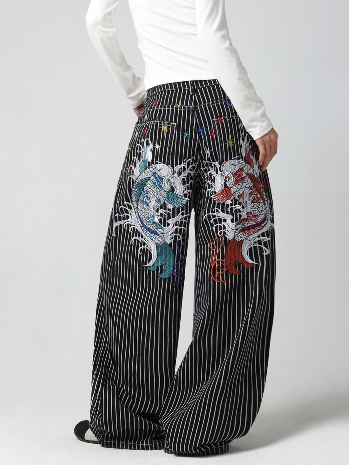 American High-Street Double Koi Embroidery Black And White Striped Loose Jeans Y2K Trendy Street Fashion Casual Versatile High-Waist Wide-Leg Pants