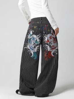 American High-Street Double Koi Embroidery Black And White Striped Loose Jeans Y2K Trendy Street Fashion Casual Versatile High-Waist Wide-Leg Pants
