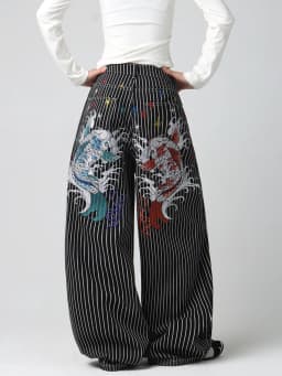 American High-Street Double Koi Embroidery Black And White Striped Loose Jeans Y2K Trendy Street Fashion Casual Versatile High-Waist Wide-Leg Pants