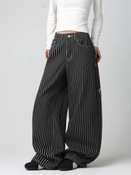 American High-Street Double Koi Embroidery Black And White Striped Loose Jeans Y2K Trendy Street Fashion Casual Versatile High-Waist Wide-Leg Pants