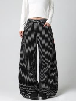 American High-Street Double Koi Embroidery Black And White Striped Loose Jeans Y2K Trendy Street Fashion Casual Versatile High-Waist Wide-Leg Pants