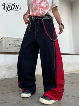 Men's Y2K Baggy Wide Leg Jeans, Dragon Print Patchwork Raw Edge Denim Pants, Hip Hop Streetwear Loose Fit Casual Jeans for Men