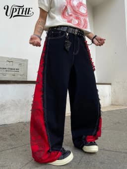 Men's Y2K Baggy Wide Leg Jeans, Dragon Print Patchwork Raw Edge Denim Pants, Hip Hop Streetwear Loose Fit Casual Jeans for Men