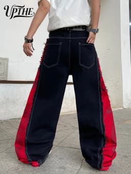 Men's Y2K Baggy Wide Leg Jeans, Dragon Print Patchwork Raw Edge Denim Pants, Hip Hop Streetwear Loose Fit Casual Jeans for Men