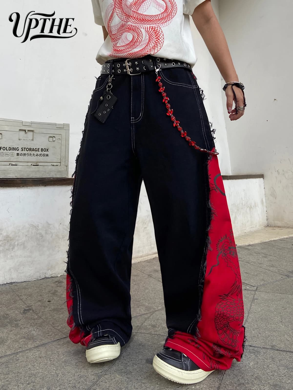 Men's Y2K Baggy Wide Leg Jeans, Dragon Print Patchwork Raw Edge Denim Pants, Hip Hop Streetwear Loose Fit Casual Jeans for Men