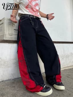 Men's Y2K Baggy Wide Leg Jeans, Dragon Print Patchwork Raw Edge Denim Pants, Hip Hop Streetwear Loose Fit Casual Jeans for Men