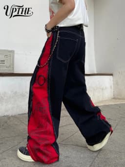 Men's Y2K Baggy Wide Leg Jeans, Dragon Print Patchwork Raw Edge Denim Pants, Hip Hop Streetwear Loose Fit Casual Jeans for Men