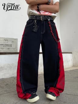 Men's Y2K Baggy Wide Leg Jeans, Dragon Print Patchwork Raw Edge Denim Pants, Hip Hop Streetwear Loose Fit Casual Jeans for Men