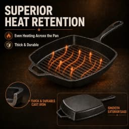 1PC Black Square Striped Steak Pan,Thick Cast Iron Skillet With Auxiliary Handle, Multi-Function Induction Grill Pan, Compatible With All Stoves, Easy Clean, Portable Camping Griddle Pan For Outdoor Cooking, Family Gatherings & Restaurant Use