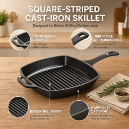 1PC Black Square Striped Steak Pan,Thick Cast Iron Skillet With Auxiliary Handle, Multi-Function Induction Grill Pan, Compatible With All Stoves, Easy Clean, Portable Camping Griddle Pan For Outdoor Cooking, Family Gatherings & Restaurant Use