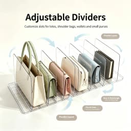 Clear Acrylic Purse Organizer for Closet, 2 Base 7 Pcs Handbag Divider, Adjustable Anti‑Tip Bag Storage Separator, Transparent Wardrobe Shelf Partition for Handbags Wallets