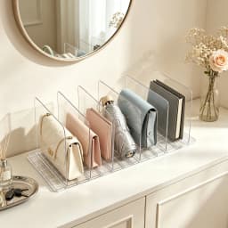 Clear Acrylic Purse Organizer for Closet, 2 Base 7 Pcs Handbag Divider, Adjustable Anti‑Tip Bag Storage Separator, Transparent Wardrobe Shelf Partition for Handbags Wallets