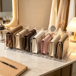 Clear Acrylic Purse Organizer for Closet, 2 Base 7 Pcs Handbag Divider, Adjustable Anti‑Tip Bag Storage Separator, Transparent Wardrobe Shelf Partition for Handbags Wallets