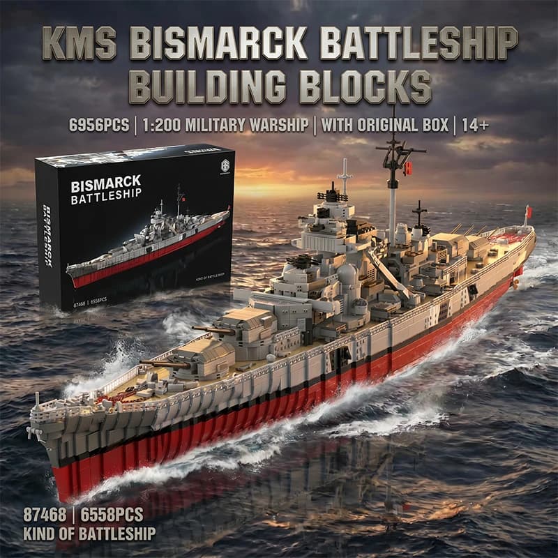 1:200 KMS Bismarck Battleship Building Blocks Building Blocks Sets Technicial Large Warship Navy Ship Assembly Brick Model Kit Toy Adults DIY Gift 6956PCS