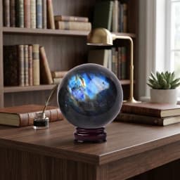 Natural Labradorite Crystal Sphere Ball 1.6-2.8in with Wood Base Large Handmade Aurora Flash Iridescent Labradorescence High Quality Home Decor Desk Ornament Office Decor Room Decor Bedroom Decor Table Centerpiece Collectible Specimen Wooden Stand Display