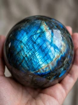 Natural Labradorite Crystal Sphere Ball 1.6-2.8in with Wood Base Large Handmade Aurora Flash Iridescent Labradorescence High Quality Home Decor Desk Ornament Office Decor Room Decor Bedroom Decor Table Centerpiece Collectible Specimen Wooden Stand Display