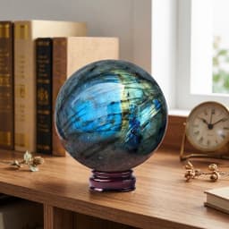 Natural Labradorite Crystal Sphere Ball 1.6-2.8in with Wood Base Large Handmade Aurora Flash Iridescent Labradorescence High Quality Home Decor Desk Ornament Office Decor Room Decor Bedroom Decor Table Centerpiece Collectible Specimen Wooden Stand Display