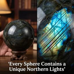 Natural Labradorite Crystal Sphere Ball 1.6-2.8in with Wood Base Large Handmade Aurora Flash Iridescent Labradorescence High Quality Home Decor Desk Ornament Office Decor Room Decor Bedroom Decor Table Centerpiece Collectible Specimen Wooden Stand Display