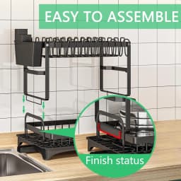 Rustproof Carbon Steel Dish Drying Rack with Drainboard Adjustable Spout Kitchen Countertop Dish Drainer Organizer Set Heavy Duty Sink Storage Shelf with Utensil Holder Knife Slots Easy Assembly