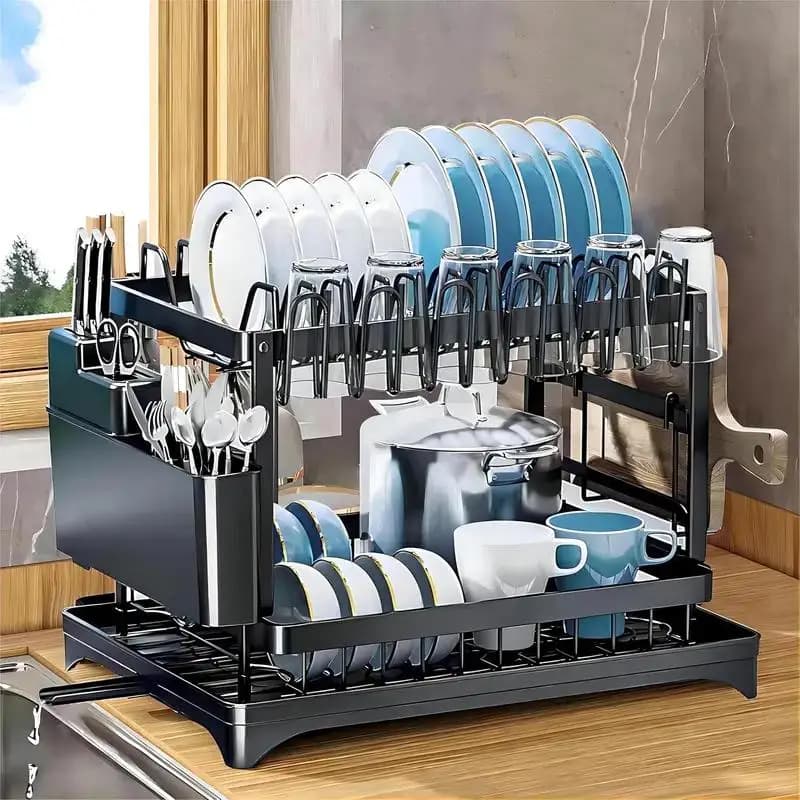 Rustproof Carbon Steel Dish Drying Rack with Drainboard Adjustable Spout Kitchen Countertop Dish Drainer Organizer Set Heavy Duty Sink Storage Shelf with Utensil Holder Knife Slots Easy Assembly