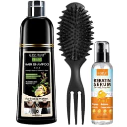 Black Hair Shampoo 200 ml with Smoothing Serum and Detangling Brush, Gradual Gray Coverage Plant-Based Hair Deep Cleaning and Treatment for Unisex