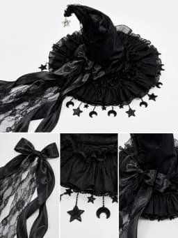 Gothic Lolita Witch Hat for Women, Wide Brim Black Lace Wizard Hat with Star‑Moon Tassel Bow Long Ribbon Halloween Cosplay Costume Accessory for Dress‑up Party