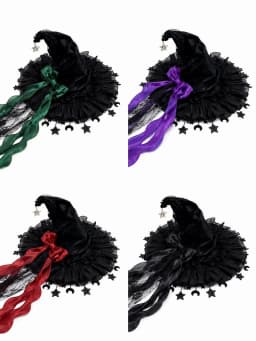 Gothic Lolita Witch Hat for Women, Wide Brim Black Lace Wizard Hat with Star‑Moon Tassel Bow Long Ribbon Halloween Cosplay Costume Accessory for Dress‑up Party