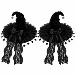 Gothic Lolita Witch Hat for Women, Wide Brim Black Lace Wizard Hat with Star‑Moon Tassel Bow Long Ribbon Halloween Cosplay Costume Accessory for Dress‑up Party