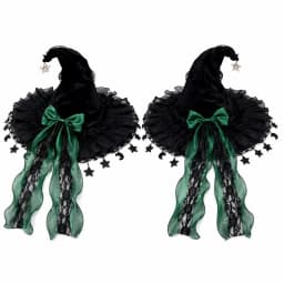 Gothic Lolita Witch Hat for Women, Wide Brim Black Lace Wizard Hat with Star‑Moon Tassel Bow Long Ribbon Halloween Cosplay Costume Accessory for Dress‑up Party