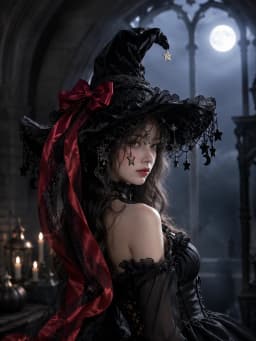 Gothic Lolita Witch Hat for Women, Wide Brim Black Lace Wizard Hat with Star‑Moon Tassel Bow Long Ribbon Halloween Cosplay Costume Accessory for Dress‑up Party
