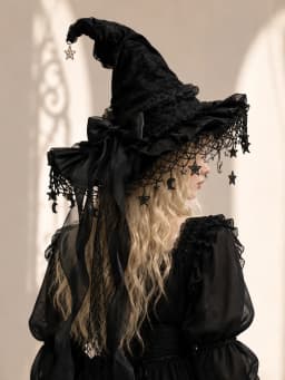 Gothic Lolita Witch Hat for Women, Wide Brim Black Lace Wizard Hat with Star‑Moon Tassel Bow Long Ribbon Halloween Cosplay Costume Accessory for Dress‑up Party