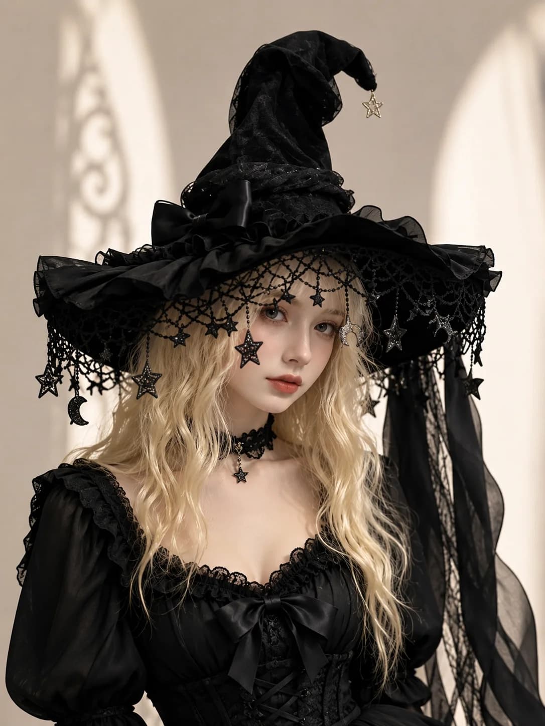 Gothic Lolita Witch Hat for Women, Wide Brim Black Lace Wizard Hat with Star‑Moon Tassel Bow Long Ribbon Halloween Cosplay Costume Accessory for Dress‑up Party