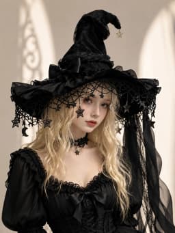 Gothic Lolita Witch Hat for Women, Wide Brim Black Lace Wizard Hat with Star‑Moon Tassel Bow Long Ribbon Halloween Cosplay Costume Accessory for Dress‑up Party