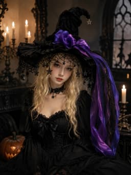 Gothic Lolita Witch Hat for Women, Wide Brim Black Lace Wizard Hat with Star‑Moon Tassel Bow Long Ribbon Halloween Cosplay Costume Accessory for Dress‑up Party