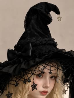 Gothic Lolita Witch Hat for Women, Wide Brim Black Lace Wizard Hat with Star‑Moon Tassel Bow Long Ribbon Halloween Cosplay Costume Accessory for Dress‑up Party