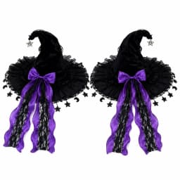 Gothic Lolita Witch Hat for Women, Wide Brim Black Lace Wizard Hat with Star‑Moon Tassel Bow Long Ribbon Halloween Cosplay Costume Accessory for Dress‑up Party